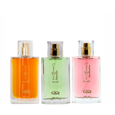 Drie parfumflessen met goudspray en doorzichtige doppen in oranje, groen en roze voor Choco Musk, Pistachio Musk en Marshmallow Musk